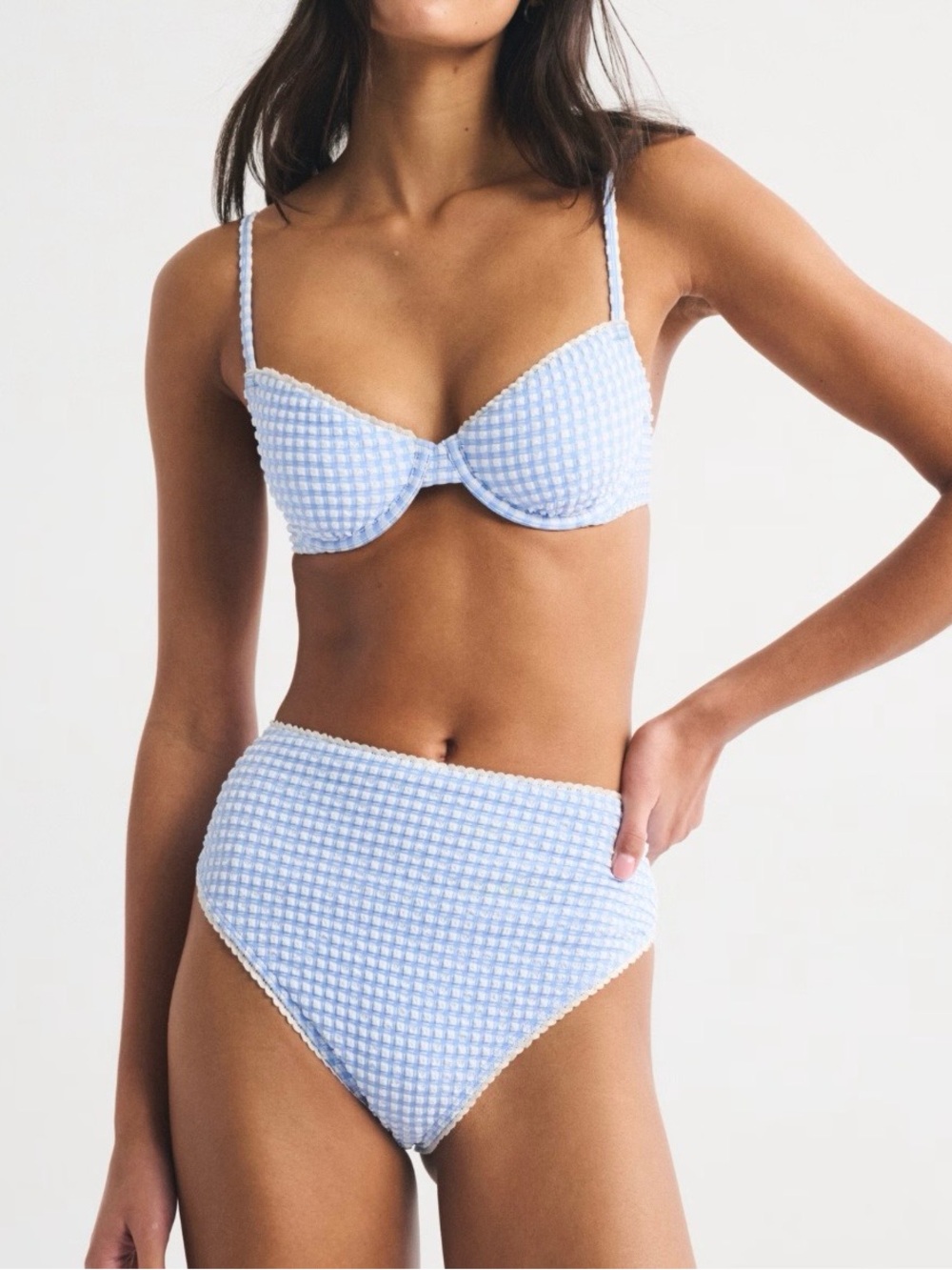 A&F Blue Gingham High-Waist Bikini bottoms